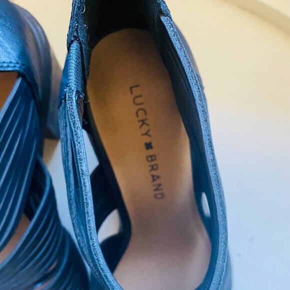 Lucky Brand Women's Black Leather Lace Bootie Open Toe High Heels Size 7.5 M - Picture 6 of 9